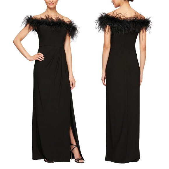 Alex Evenings Black Feather Trimmed Off the Shoulder GownNEWSize 10